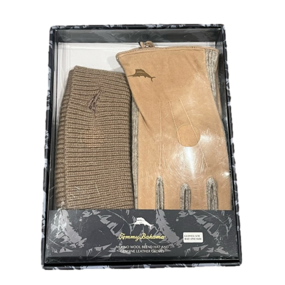 BNIB Tommy Bahama Genuine Leather Gloves & Merino Blend Hat Box Set